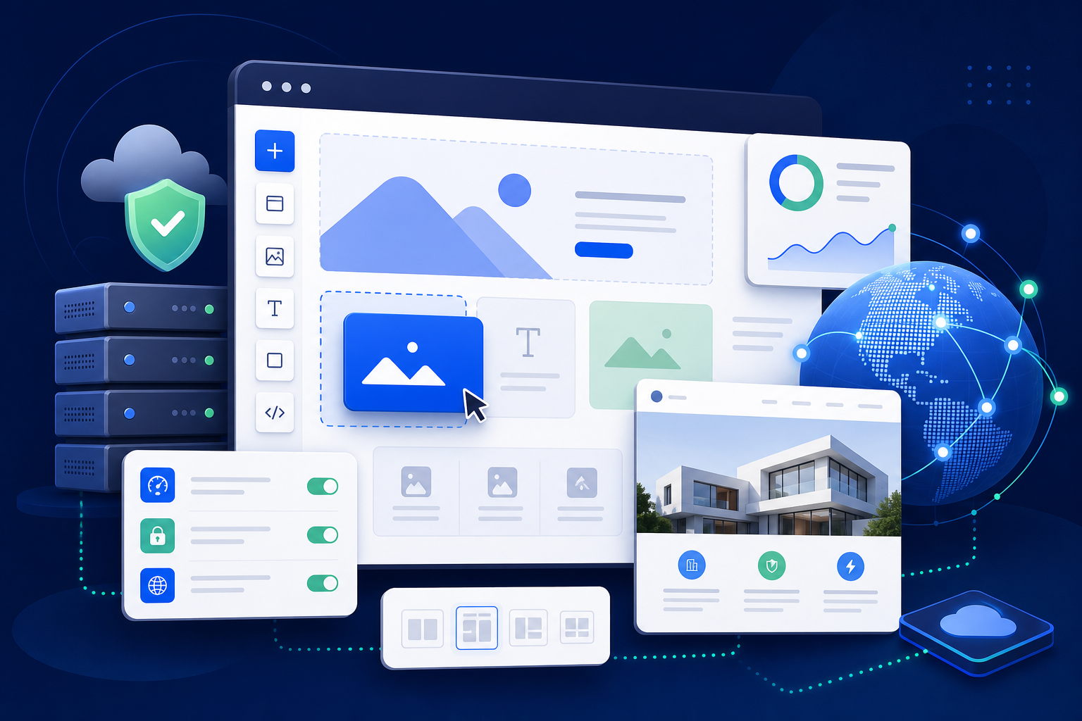 Website builder dashboard with drag-and-drop layout editor