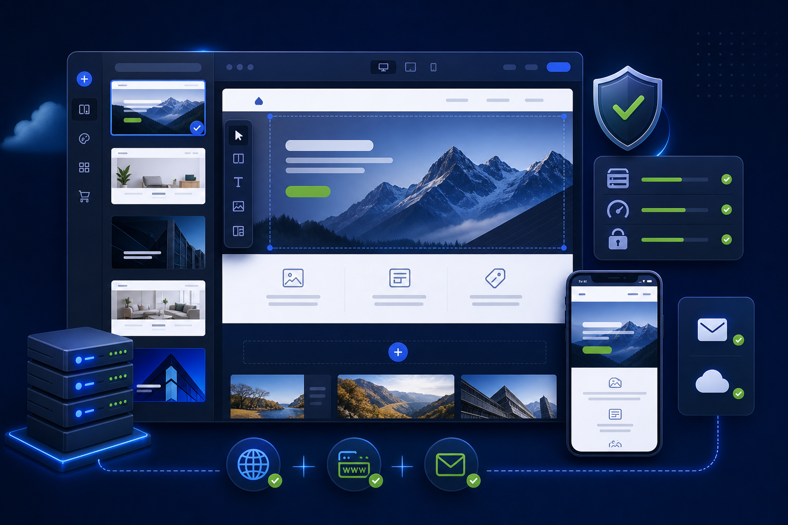 Website builder with hosting, domain, email, and security stack