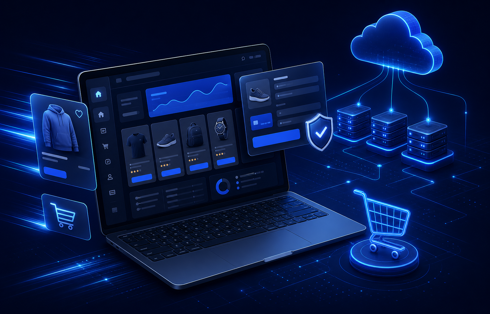 WooCommerce hosting dashboard with secure checkout, product cards, and cloud servers