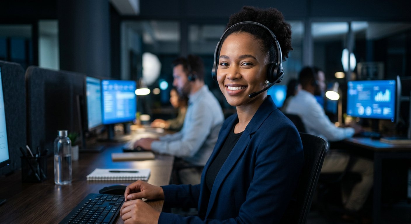 Support agent at a computer wearing a headset — illustrative image